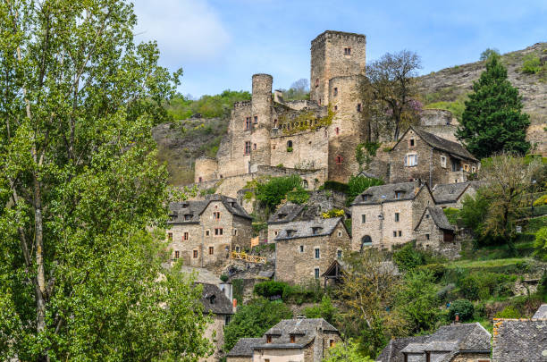 panoramic view of the village of belcastel france stock photo