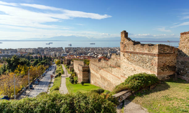 Panoramic view of Thessaloniki and the ruins of the medieval fortification, mount Olympus in the background, Macedonia, Greece. stock photo