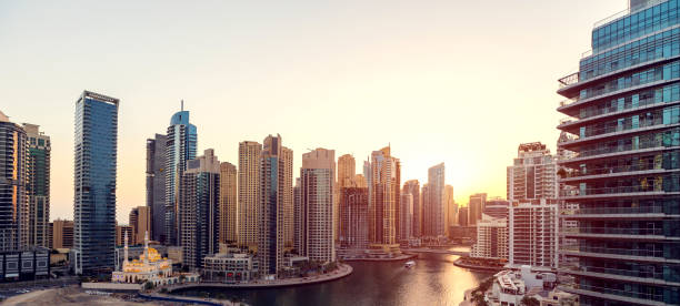 Panoramic view of urban skyline and modern skyscrapers in Dubai Marina. stock photo