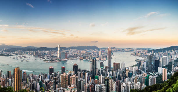 Panoramic View of Victoria Harbour of Hong Kong stock photo