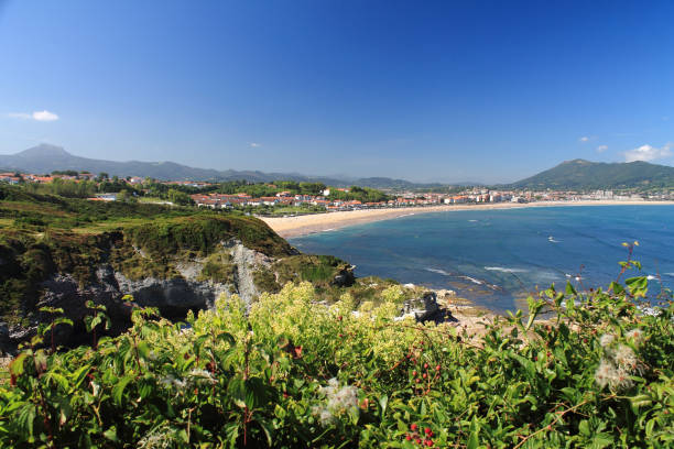 panoramic view on mountain jaizkibel and trois couronnes by atlantic ocean in basque county, france stock photo