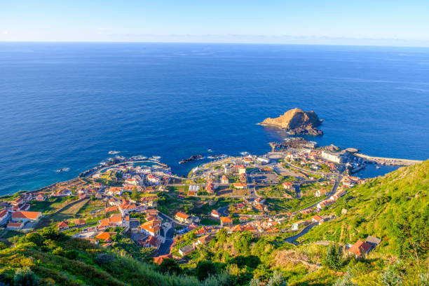 Panoramic view over Porto Moniz village on the Northern coastline of Madeira island stock photo