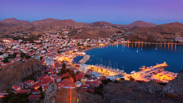 Panoramic view to Myrina village from the old fortress, Lemnos island, Greece stock photo