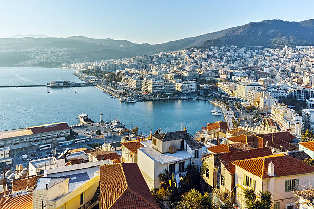 Panoramic view to port of Kavala, Greece stock photo