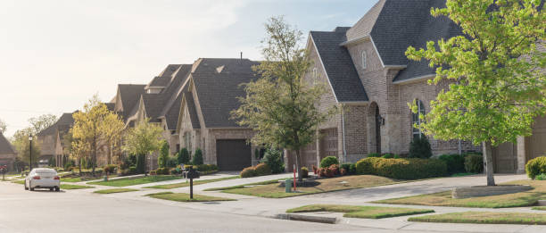 Panoramic view upscale residential neighborhood with two story houses in suburbs Dallas, Texas stock photo