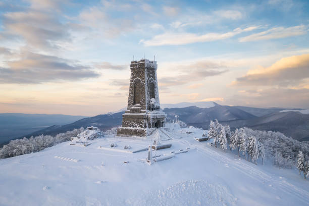 Panoramic winter view of the Shipka National Monument stock photo