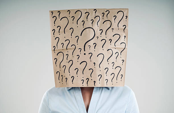 paper bag woman wearing a paper bag with questions mark mystery stock pictures, royalty-free photos & images
