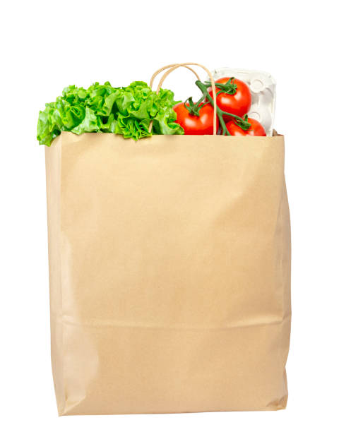 paper bag with lettuce, tomato and spaghetti isolated on white. - paper bag craft imagens e fotografias de stock