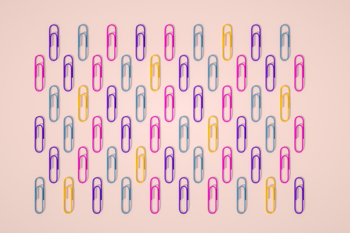 3d rendering group of colored paper clips.