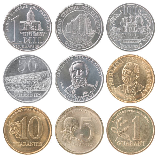 Paraguay Coin Collection Full set of Paraguay coins isolated on white background unesco organised group stock pictures, royalty-free photos & images