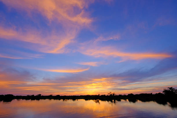 Paraguay River at sunrise in the region of Corumba, Pantanal, Mato Grosso do Sul, Brazil stock photo