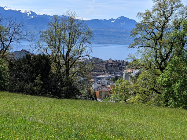 Parc Heritage, an urban park in Lausanne Switzerland overlooking the Citadel and Cathedral area with lake Geneva and the Swiss Alps in the distance stock photo