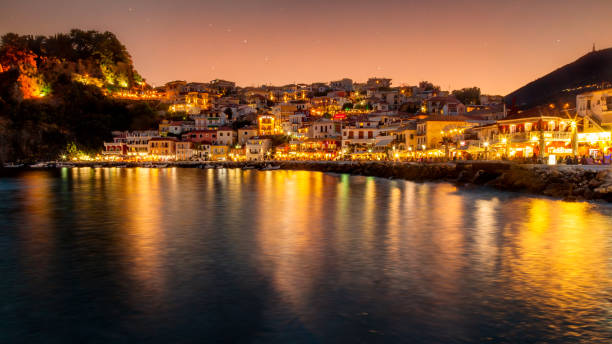 Parga town night panoramic view. Popular tourist destination of Greece. stock photo