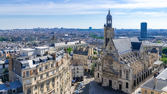 Paris, cityscape, view of the Saint-Etienne-du-Mont church, typical roofs, aerial view from the Pantheon