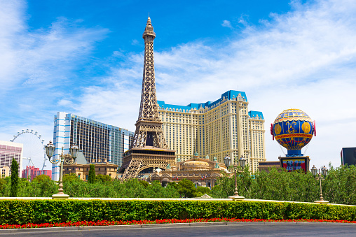 Wide angle view of Paris Las Vegas hotel and casino in Las Vegas, Nevada, USA