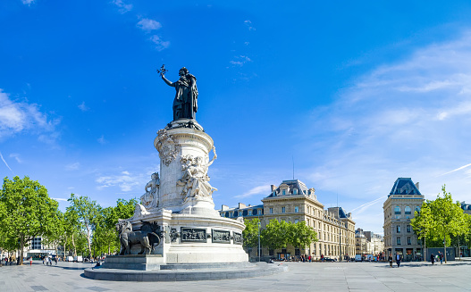 Paris panorama of the monument to the Republic with the symbolic statue of Marianna, in Place de la Republique