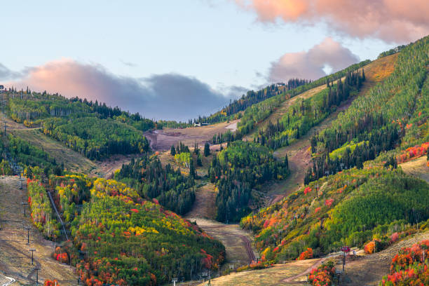Park City, Utah, USA Autumn Slopes Park City, Utah, USA snowless ski slopes in autumn during the morning time. utah stock pictures, royalty-free photos & images