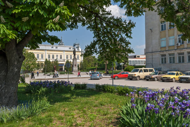 Park with flowers at the center of town of Silistra, Bulgaria stock photo