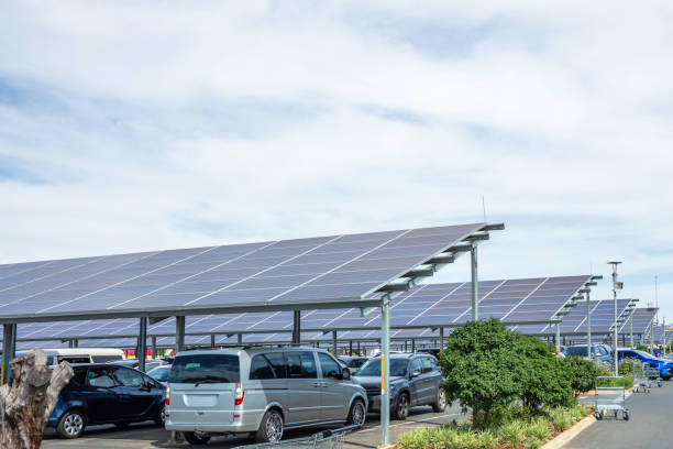 Parking lot with solar panels stock photo