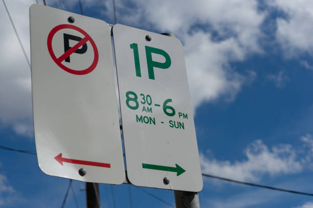 Parking sign indicating parking rules on both sides stock photo