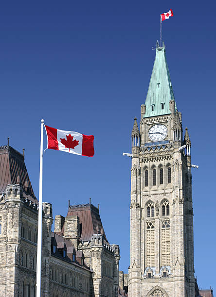 Parliament of Canada and canadian flag stock photo