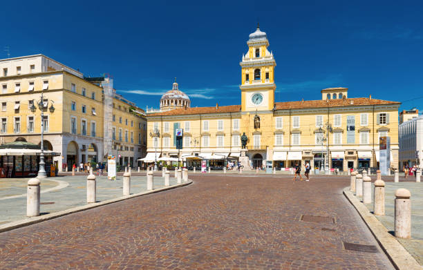 Parma, Italy: View of The Governor's Palace and monument of Giuseppe Garibaldi in the center of Parma, the famous Italian city stock photo