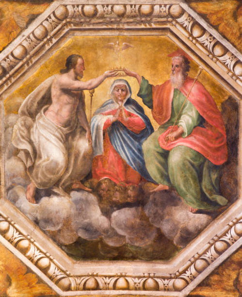 帕爾馬-聖母瑪利亞加冕壁畫的細節上的教堂基薩迪聖瑪麗亞德格利安傑利由喬瓦尼·瑪麗亞·康蒂和皮恩安東尼奧·貝納貝 (1620)。 - pier angeli 個照片及圖片檔