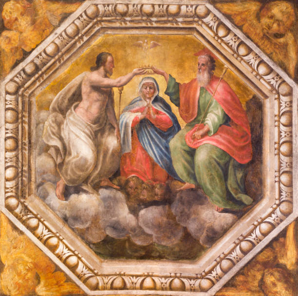 파 르 마-교회 키 디 산타 마리아 데 그리 안 젤리 조반니 마리아 콘 티와 부두 안토니오 bernabei (1620)의 celing에 프레스코 성모 마리아의 대관식의 세부 사항 - pier angeli 뉴스 사진 이미지