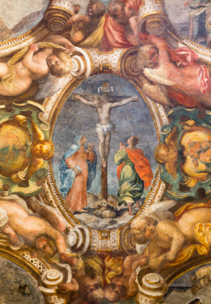 парма - распятие фрески на потолке церкви кьеза ди санта-мария-дель-анжели пьера антонио бернабея (1620). - pier angeli стоковые фото и изображения