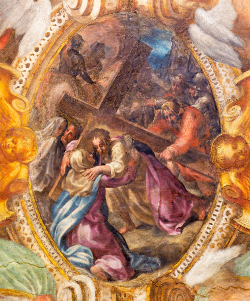 парма - фреска иисуса с крестом встречает свою мать в церкви кьеза ди санта-мария-дель-анжели пьер антонио бернабей (1620). - pier angeli стоковые фото и изображения