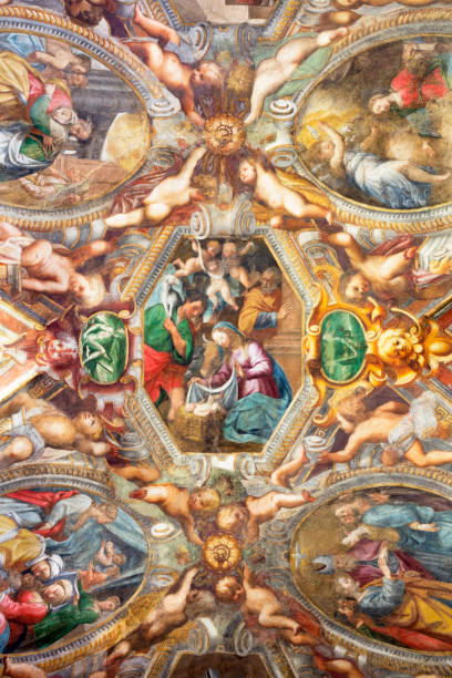 парма - фреска рождества христова на потолке церкви кьеза ди санта-мария-дель-анжели пьер антонио бернабей (1620). - pier angeli стоковые фото и изображения