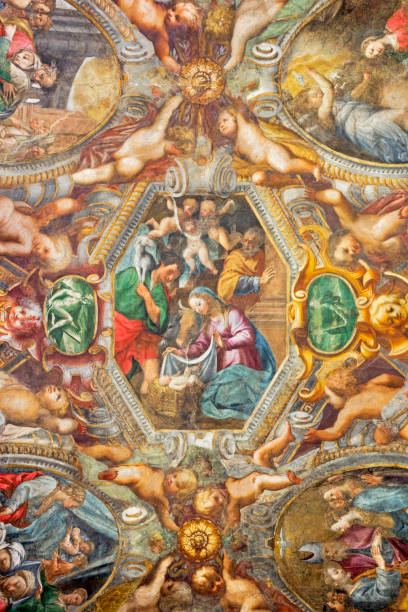 parma - l'affresco natività sul soffitto della chiesa chiesa di santa maria degli angeli di pier antonio bernabei (1620). - pier angeli foto e immagini stock