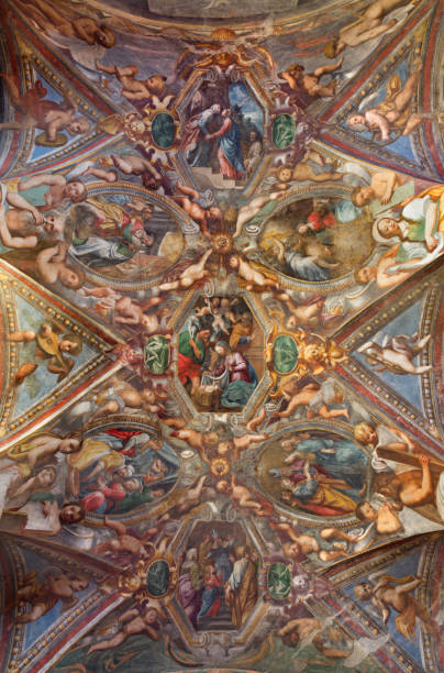 парма - фреска рождества христова на потолке церкви кьеза ди санта-мария-дель-анжели пьер антонио бернабей (1620). - pier angeli стоковые фото и изображения