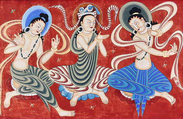Part of Chinese Dunhuang Buddhist Mural Chinese dunhuang mural backgrounds, Mogao caves. Qin Dynasty (366 AD) to Yuan Dynasty. silk road stock pictures, royalty-free photos & images
