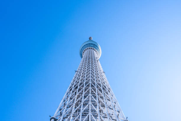 TOKYO, JAPAN - November 21, 2018: A part of Japan Tokyo skytree tower building with a blue sky  tokyo sky tree stock pictures, royalty-free photos & images