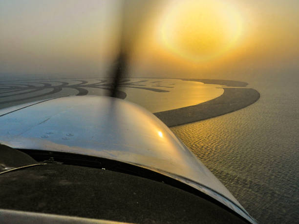 Partial aerial Dubai Palm Island view through Hydroplane moving propeller stock photo