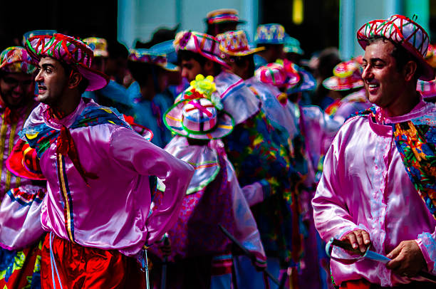 participants of the Brazilian popular party Congada dancing stock photo