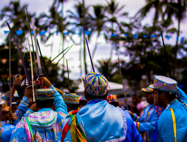 participants of the Brazilian popular party Congada dancing/Regional2014 stock photo