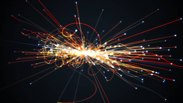 Particles collision in Hadron Collider. Astrophysics concept. 3D rendered illustration. Particles collision in Hadron Collider. Astrophysics concept. 3D rendered illustration. proton stock pictures, royalty-free photos & images