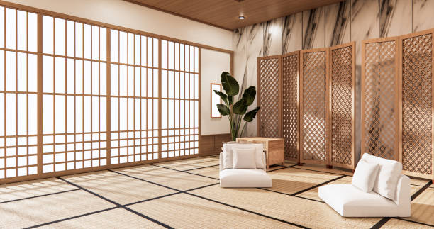 畳の床とガニテタイルの壁と部屋の熱帯のインテリアにパーティションの日本人.3dレンダリング - 和室 ストックフォトと画像