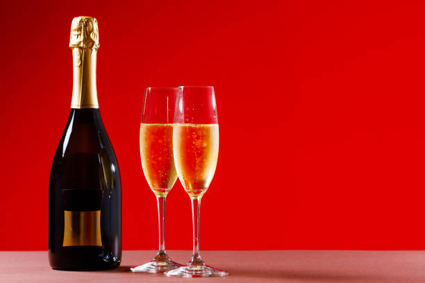 Party and holiday celebration concept. Many glasses of champagne. stock photo