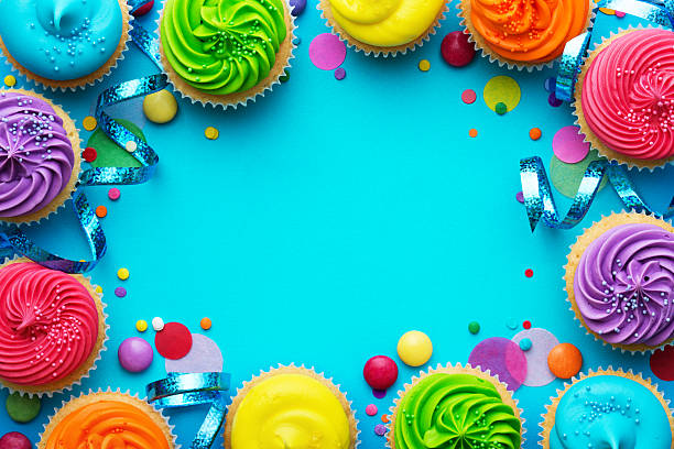 Party background Party background with cupcakes and confetti cupcake stock pictures, royalty-free photos & images