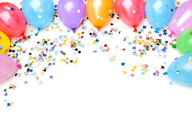 Party Balloons and Confetti, Isolated on White stock photo