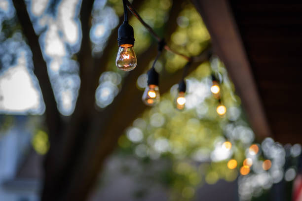 Party lights hanging along roof line in backyard Retro Edison style string lights hanging in backyard with soft focus trees golden hour stock pictures, royalty-free photos & images
