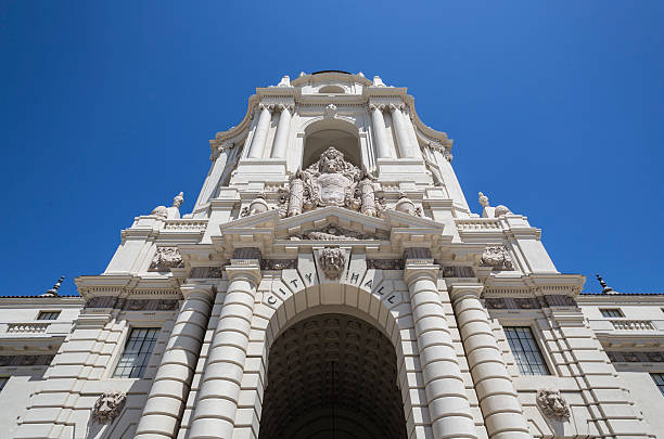 Grand entrance to the historic Pasadena city hall building in...