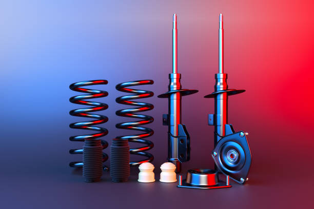 Passenger car Shock Absorber with dust cap, buffer mounting and strut mounting. 3D rendering. stock photo