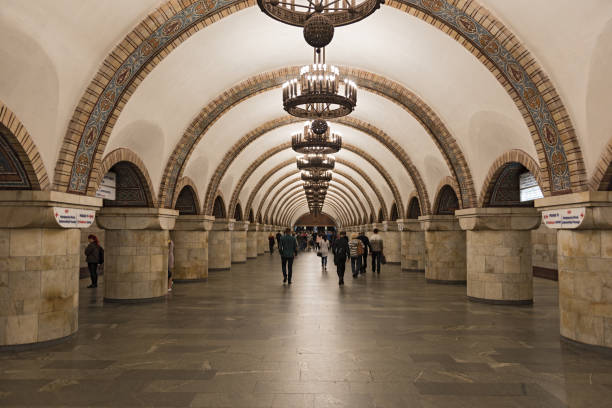 Passengers in subway station Arsenalna, Kiev, Ukraine stock photo