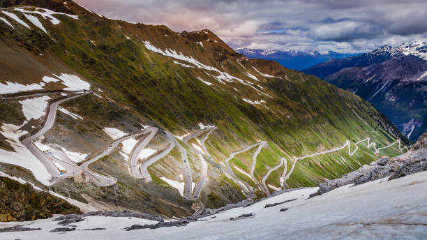 Passo Del Stelvio Alpine mountain Road – Dolomites alps – Italy border with Switzerland stock photo