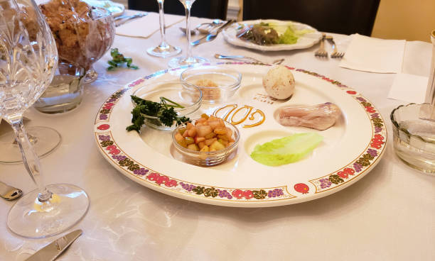 SEDER plate for Passover on the table with the word PESACH in Hebrew