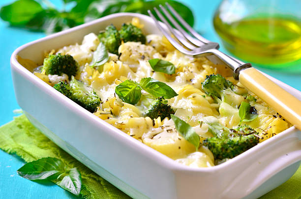 Pasta casserole with broccoli,cauliflower and cheese. stock photo